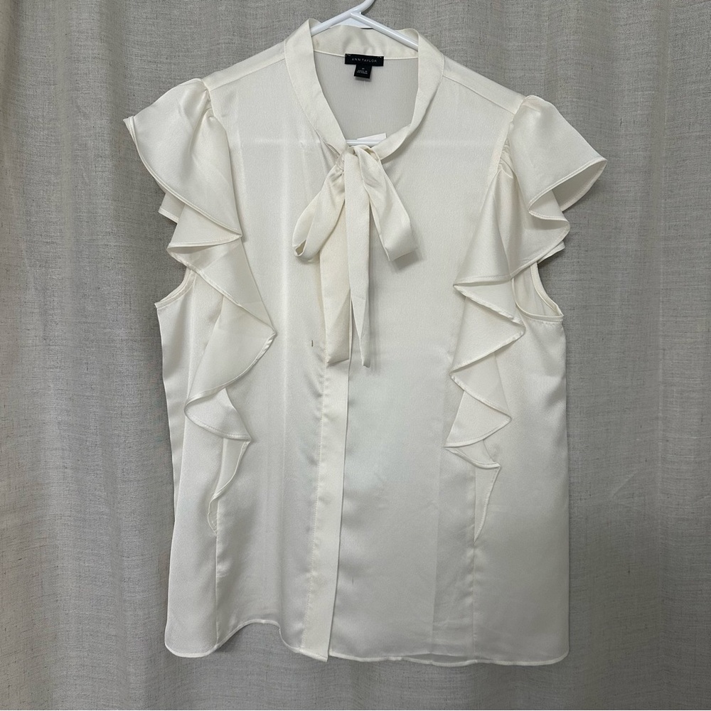 Ann Taylor Cream Ruffle Sleeve Tie Neck Blouse